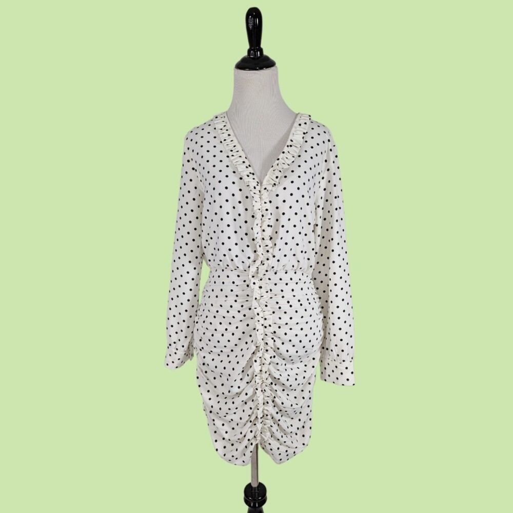 NWT Zara Dress M Women White Black Polka Dot Mini Ruched Draped Cottage Feminine